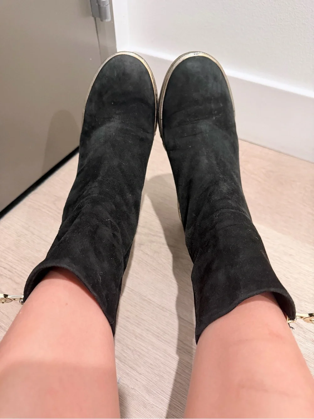 Black Suede Mid-Calf Women's Boot with Metallic Toe Accent